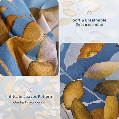Anibedding Botanical Queen Comforter Set, 7 Piece Blue Gold Gradient Leaves Ultra Soft Microfiber Down Alternative Bedding Set with Sheets and Pillowcase for All Season