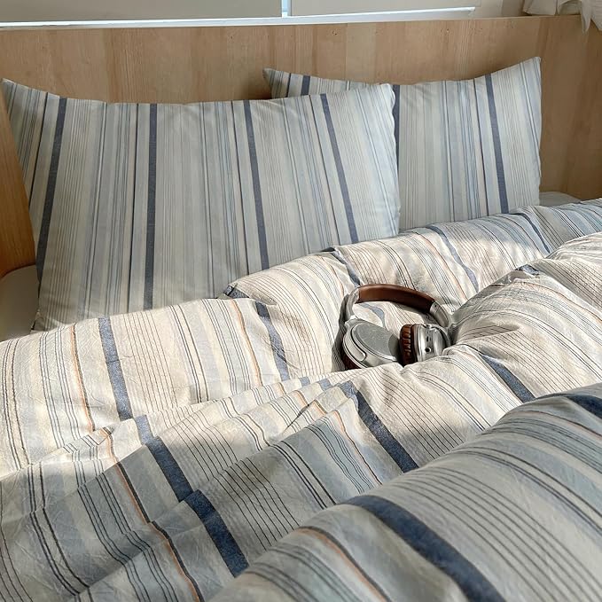 EAVD Modern Style Striped Duvet Cover King 100% Washed Cotton Colorful Wide and Pinstriped Bedding Duvet Cover Set with 2 Pillowcases Farmhouse Geometric Bedding Set with Zipper for All-Season