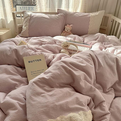 HighBuy Purple Plaid Comforter Set Twin XL Size Lace Ruffle Gingham Pattern Printed Comforter 3 Pieces Lightweight Boho Vintage Fluffy Soft Farmhouse Checkered Grid Bedding Set