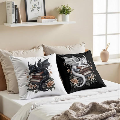 Vintage Magical Black White Dragon Reading Book Decor Throw Pillow Covers 18x18 Set of 2, Fantasy Room Decor for Kids, Gamers, and Bookworms,Reading Nook Decor, Gifts for Bookworm Readers(78)