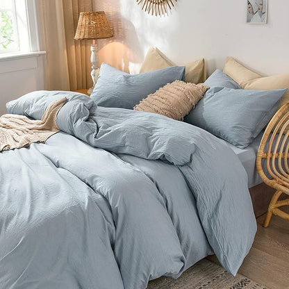 MooMee Bedding Pillowcases Pack of 2 100% Washed Cotton Linen Like Textured Breathable Durable Soft Comfy (Heathered Cornflower Blue, Queen)