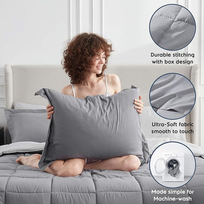 Nestl 7 Piece King Comforter Set – Grey Reversible Bed in a Bag – Complete King Size Bedding Set with Sheets, Pillowcases and Shams