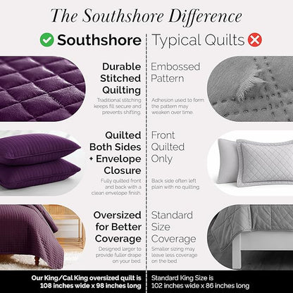 Southshore Fine Living, Inc. Oversized King Quilt Bedding Set, Soft Brushed Microfiber, Stain and Pet Hair Resistant Bedding, California/King Size Quilt Coverlet Bedspread Set w/2 Shams, Purple