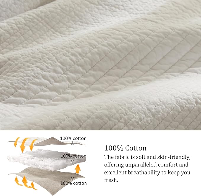 palassio Striped Beige 100% Cotton Quilt Queen Size Bedding Sets, Lightweight Crinkly Channel Pick Stitch Textured Bedspread Soft Shabby Chic Farmhouse Country Coverlet for All Season, 2 Shams