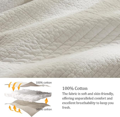 palassio Striped Beige 100% Cotton Quilt Queen Size Bedding Sets, Lightweight Crinkly Channel Pick Stitch Textured Bedspread Soft Shabby Chic Farmhouse Country Coverlet for All Season, 2 Shams
