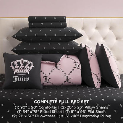 Juicy Couture Light Pink/Black Link Logo Printed Comforter Set, Full – Complete 8-Piece Bed in a Bag Collection
