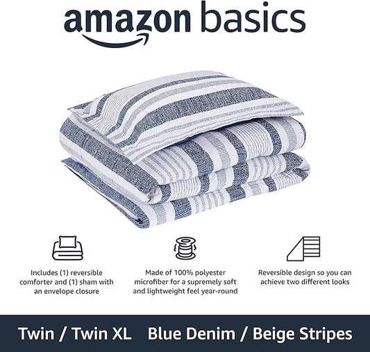 Amazon Basics Twin/Twin XL Size Ultra-Soft Lightweight Microfiber Reversible 2-Piece Bedding Comforter Set, Blue Denim/Beige Stripes