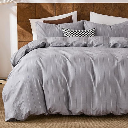 Merryword 100% Cotton Stripe Duvet Cover Set Queen Size - Gray Striped Duvet Cover Set with Zipper Closure & 8 Corner Ties, Modern Minimalist Wide Stripe Bedding Set for Cozy Elegant Bedroom