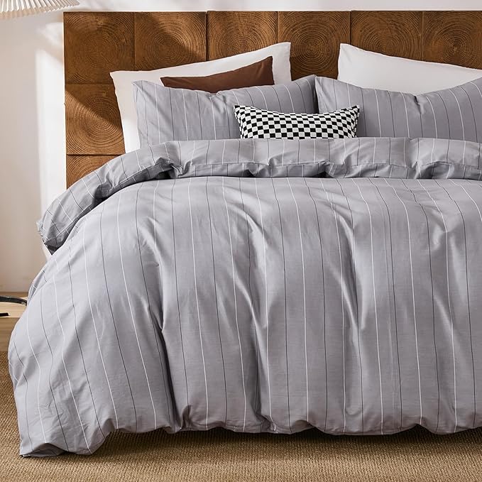 Merryword 100% Cotton Stripe Duvet Cover Set King Size - Gray Striped Duvet Cover Set with Zipper Closure & 8 Corner Ties, Modern Minimalist Wide Stripe Bedding Set for Cozy Elegant Bedroom