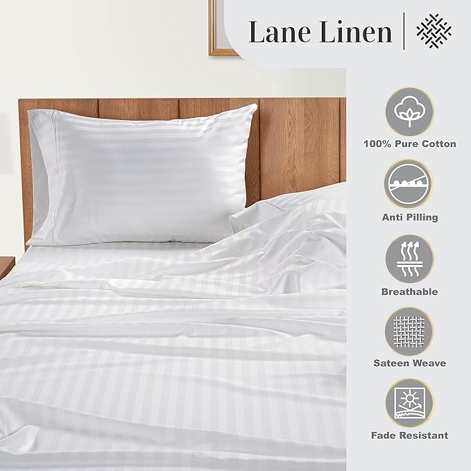 LANE LINEN Striped Sheets Set - 100% Egyptian Cotton 4 Piece Bed for King Size Hotel Bedding & Pillowcases 16" Deep Pocket (Fits Upto 17" Mattress) White