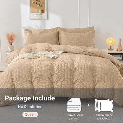 HYMOKEGE Khaki Duvet Cover Queen Size, Ultra Soft 3-Piece Seersucker Duvet Cover Set with Zipper Closure, Soft Brushed Microfiber Bedding Set with 8 Corner Ties (90"x90", 2 Pillowshams)