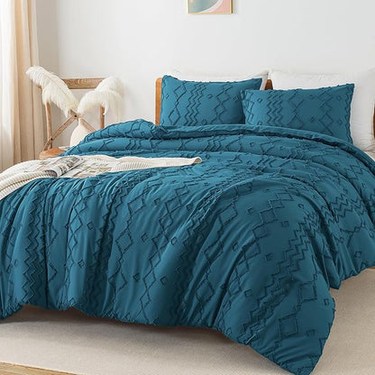 Andency Teal Tufted Comforter Set Queen(90x90Inch), 3 Pieces(1 Boho Comforter, 2 Pillowcases) Textured Farmhouse Bed, Soft Microfiber Down Alternative Geometric Bedding Set