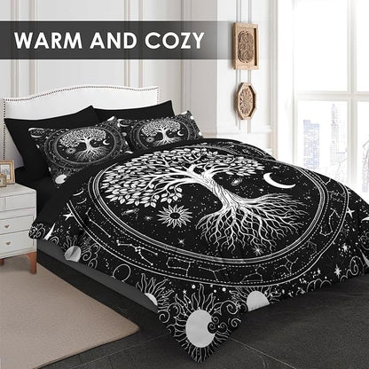 7 Pcs Queen Size Comforter Set with 2 Pillowcases & 2 Shams, Black Gothic Tree of Life Bedding for Kids and Adults, Nature Sun and Moon Bed in a Bag with Flat Fitted Sheet