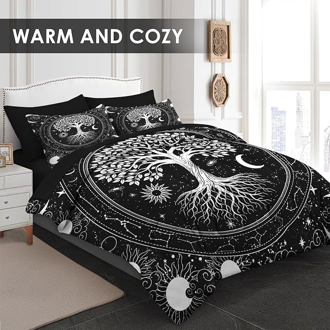 7 Pcs Full Size Comforter Set with 2 Pillowcases & 2 Shams, Black Gothic Tree of Life Bedding for Kids and Adults, Nature Sun and Moon Bed in a Bag with Flat Fitted Sheet