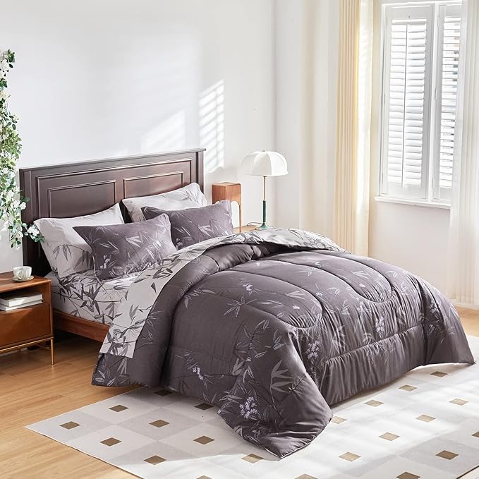 7-Piece Bed in a Bag King Comforter Set with Sheets, Black Leaves Botanical Design Lightweight Bedding for All Season (1 Comforter, 2 Pillow Shams, 1 Fitted Sheet, 2 Pillowcases)
