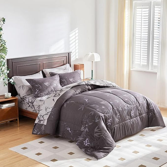 7-Piece Bed in a Bag King Comforter Set with Sheets, Black Leaves Botanical Design Lightweight Bedding for All Season (1 Comforter, 2 Pillow Shams, 1 Fitted Sheet, 2 Pillowcases)