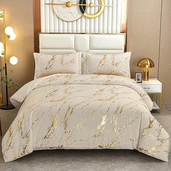 WONGS BEDDING Khaki Gold Metallic Marble Comforter Set Queen Foil Print Glitter Bedding Sets with 2 Pillowcases for All Seasons, Soft Microfiber Filling Bedding Duvet Set 90"x90"