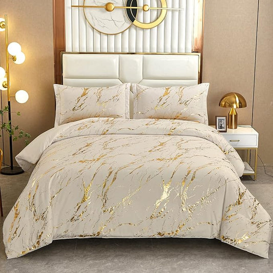 WONGS BEDDING Khaki Gold Metallic Marble Comforter Set King Foil Print Glitter Bedding Sets with 2 Pillowcases for All Seasons, Soft Microfiber Bedding Set 103"x90"