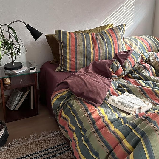 MKXI Vintage Striped Duvet Cover Set Twin XL- 3 Piece 100% Cotton Bedding Set Multicolor Stripes, Soft & Breathable, All-Season Comforter Cover with Zipper Closure