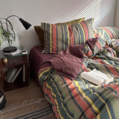 mixinni Vintage Striped Duvet Cover Set Twin Size - 3 Piece 100% Washed Cotton Bedding Set, Soft & Breathable, Colorful Striped Pattern Printed Comforter Cover for All Seasons