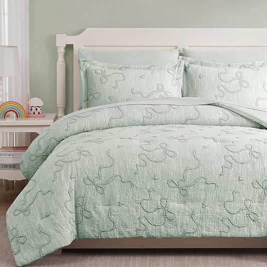 Geniospin Light Green Queen Comforter Set for Girls- 7 Pieces Bowknot Jacquard Bed in A Bag Queen Bedding Sets with Sheets, Pillowcases & Shams, All Season Kids Comforter Set