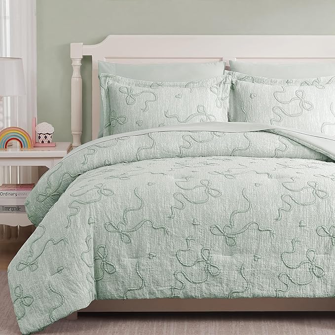 Geniospin Light Green Twin Comforter Set for Girls- 5 Pieces Bowknot Jacquard Bed in A Bag Twin Bedding Sets with Sheets, Pillowcases & Shams, All Season Kids Comforter Set