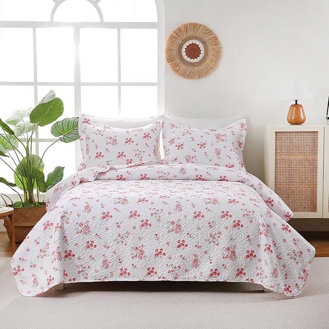 Pink Floral Quilt Set Queen Size - Reversible Shabby Chic Bed Quilts Lightweight Girly Bedding Bedspreads Quilted Coverlets with 2 Pillow Shams for All Seasons (90"×90")