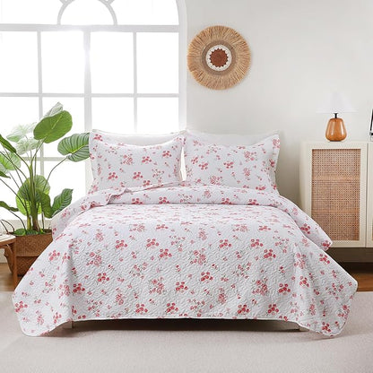 Pink Floral Quilt Set Queen Size - Reversible Shabby Chic Bed Quilts Lightweight Girly Bedding Bedspreads Quilted Coverlets with 2 Pillow Shams for All Seasons (90"×90")