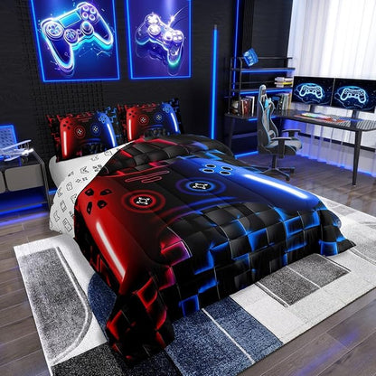 Erosebridal Gaming Bedding Sets for Boys,Queen Size Comforter Sets for Boys Girls Kids 3D Gamer Geometric Comforter,Game Console Lightweight Microfiber Duvet Quilt,Neon Red Blue Black Glowing