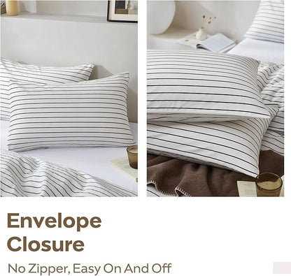 JELLYMONI 100% Natural Cotton 3pcs Striped Duvet Cover Sets, White Duvet Cover with Thin Black Stripes Pattern Printed Comforter Cover, with Zipper Closure & Corner Ties(Queen Size)