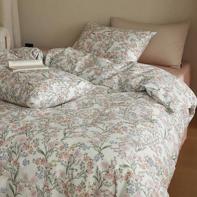 Floral Comforter Sets King Size Bed for Girls Cute Bedding Set Cotton Down Alternative Fluffy Boho Bedding Comforter Sets Cottagecore Farmhouse Lightweight Soft Bed Comforter with 2 Pillowcases
