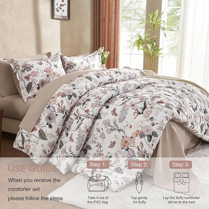 7 Piece Queen Comforter Set, Dusty Pink Butterfly Floral Comforter Set with Flowers Leaves Pattern, Soft Microfiber Complete Bedding Set for All Season(Dusty Pink, Queen)
