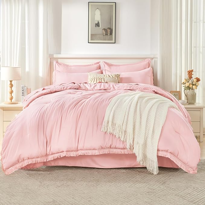 Andency Full Size Comforter Set Light Pink -7 Pieces Boho Tassel Bed in a Bag Soft Lightweight Bedding Sets, Fringe All Season Bed Set with Comforter, Sheets, Pillowcases & Shams
