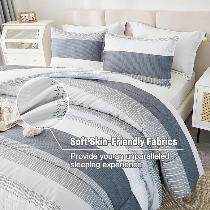 Litanika Queen Comforter Set Light Grey - 3 Pieces Lightweight Gray White Colorblock Stripe Fluffy Bedding Comforter Sets, All Season Bed Set