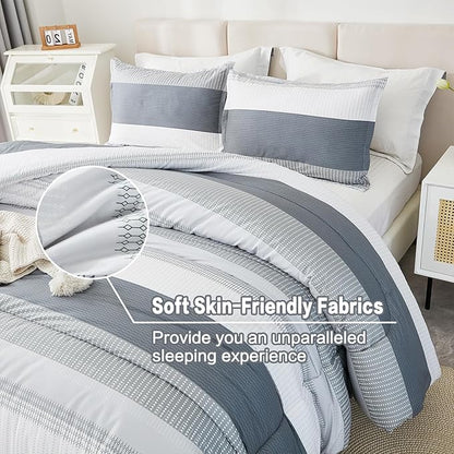 Litanika Comforter Full Size Bed Set Light Grey - 3 Pieces Lightweight Gray White Colorblock Stripe Fluffy Bedding Comforter Sets, All Season Bed Set