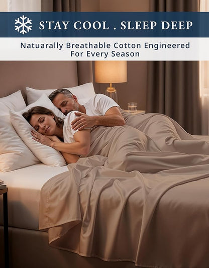 LANE LINEN 100% Egyptian Cotton King Sheet Set – Naturally Cooling & Breathable Sateen 4 Piece King Sheets, Authentic Long-Staple Cotton for Lasting Softness, Snug Fit 15" Deep Pocket Fitted - Taupe