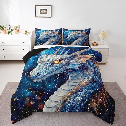 Feelyou Dragon Comforter Set Toddler Size Dragon Stuff Comforter for Boys Girls Teens Wild Life Bedding Set Dragon Decor Duvet Set Room Decor Blue Quilt Set