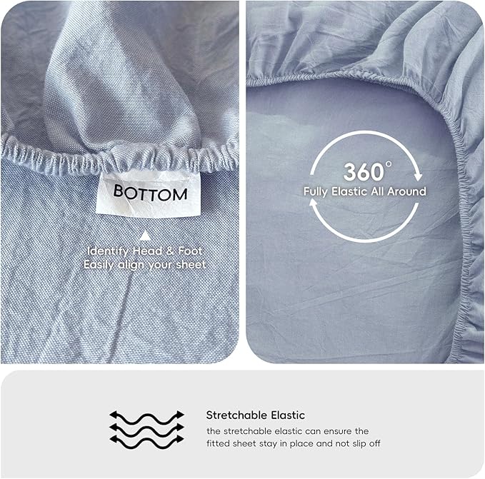 MooMee Fitted Bottom Sheet Only 100% Washed Cotton Linen Like Textured Breathable Durable Soft Comfy Deep Pocket Fits Mattress up to 17" (Cornflower Blue, California King)