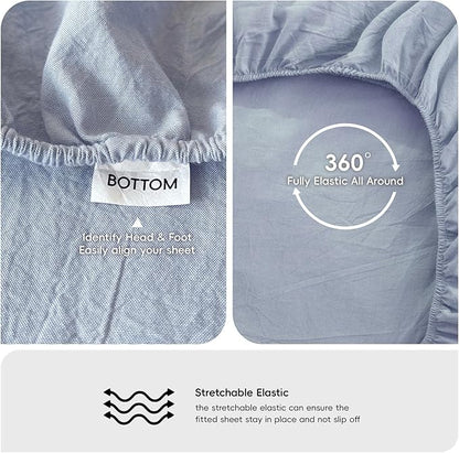 MooMee Fitted Bottom Sheet Only 100% Washed Cotton Linen Like Textured Breathable Durable Soft Comfy Deep Pocket Fits Mattress up to 17" (Cornflower Blue, California King)