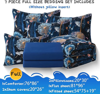Glow in The Dark Kids Comforter Set, 7 Pieces Blue Dandelion Bedding Set Full Size for Boys Girls Teen, 1 Comforter, 2 Pillowcases, 2 Pillow Shams, 1 Flat Sheet, 1 Fitted Sheet