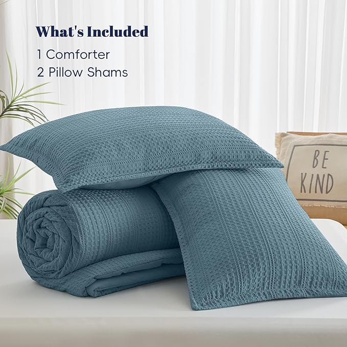 PHF Soft Waffle Comforter Set King Size- Comfy Breathable Waffle Weave Comforter with 2 Pillow Shams, 3 Pieces Less Snagging Lightweight Textured Bedding Set for All Season, Stormy Blue