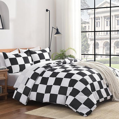 Andency Checkered Comforter Queen(90x90Inch), Black White Plaid Gingham Bed Set for Teen Boys Kids, Lightweight Polyester Geometric Preppy Bedding, 3 Pieces