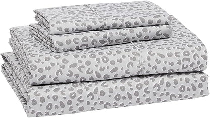 Amazon Basics Lightweight Breathable Microfiber 4 Piece Bed Sheet Set With 14-inch Deep Pockets, Wrinkle Resistant, Machine Washable - King, Grey Cheetah, Printed