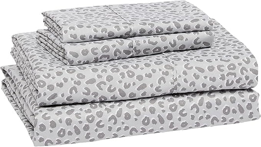 Amazon Basics Lightweight Breathable Microfiber 4 Piece Bed Sheet Set With 14-inch Deep Pockets, Wrinkle Resistant, Machine Washable - King, Grey Cheetah, Printed