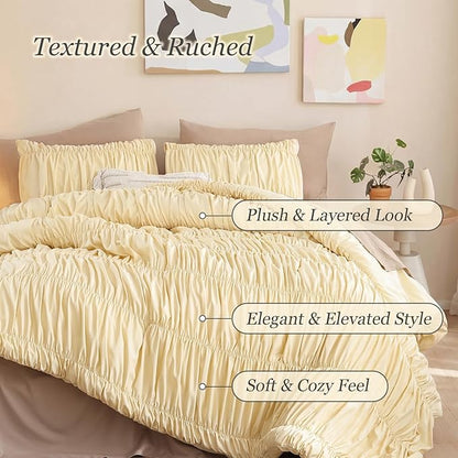 weigelia Cinched Comforter Set Full – Soft Girl Ruched Bedding Set, 3PCS Light Yellow All-Season Fluffy Lightweight Comforter with Pillowcases for Bedroom, Apartment & Dorm Decor