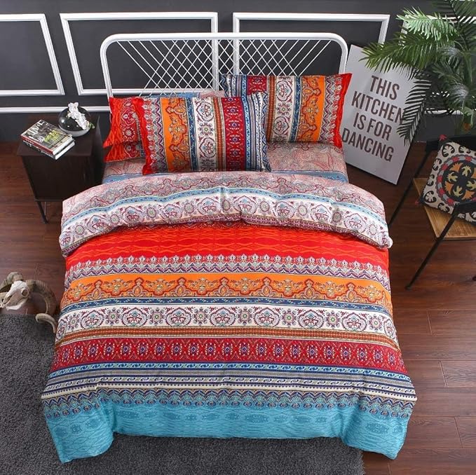 Bohemian Twin Comforter Set Soft Chic 3 Pieces Bedding Comforter Set Lightweight Exotic Red Teal Boho Mandala Colorful Vintage Comforter Bed Set for All Seasons