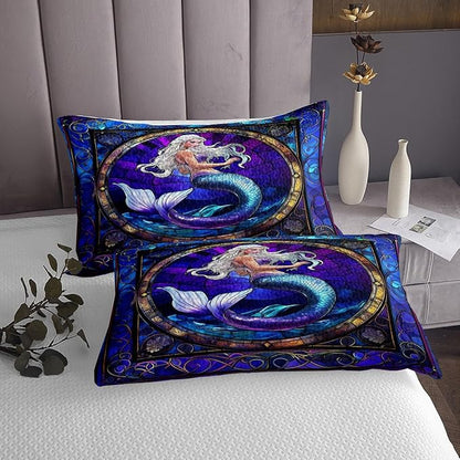 Mermaid Kids Bedspread Queen Size,Mermaid Scale Marine Ocean Animal Geometric Coverlet Set,Boys Girls Room Decor,Tale Princess Dreamy Quilted Coverlet,Purple Unique Bedding Quilt,2 Pillowcases