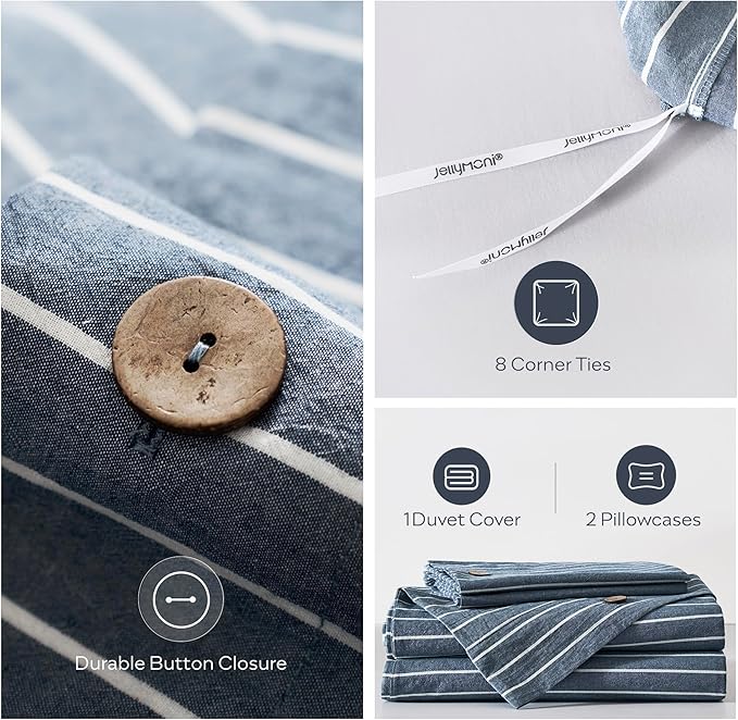 JELLYMONI Cotton Duvet Cover Full Size - Blue Pinstriped Comforter Cover with Button 100% Washed Cotton 3PCS Breathable Soft Solid Bedding Set Duvet Cover 80×90in & 2 Pillowcases (NO Comforter)