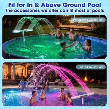 Pool Fountain for Above and Inground Pools, APP Smart Control Pool Lights with 16 Color LED Lights, Waterfall Sprinkler and Adjustable Dual Sprayer for Swimming Cooling Outdoor