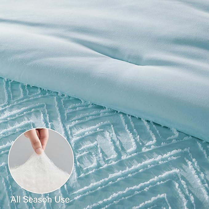 Zzlpp King Comforter Set 7 Pieces, Light Blue Tufted Bed in a Bag with Comforter and Sheets, All Season Boho Bedding Sets with Comforter, 2 Pillow Shams, 2 Pillowcases, 1 Flat Sheet, 1 Fitted Sheet